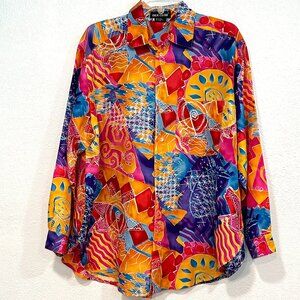 Silk Club Blouse VTG MultiColor 100% Silk Button Front Long Slvs Pocket Size 3XL